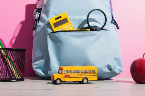 Blue backpack school supplies school Stock Photos