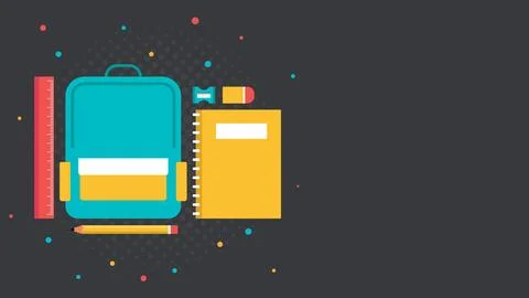A blue backpack with a yellow ruler and a yellow notebook Stock Illustration