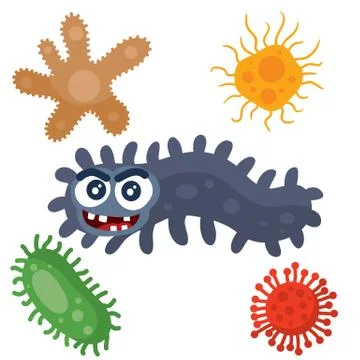 Blue bacterium is surrounded by multi-colored viruses, cartoon style, isolated Stock Illustration