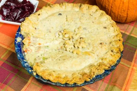 Blue baking dish with turkey pot pie 写真素材