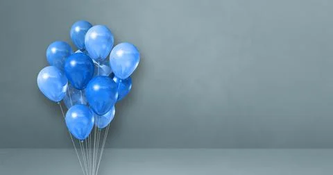 Blue balloons bunch on a grey wall background. Horizontal banner. Stock Illustration