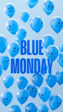 Blue balloons featuring sad facial expressions surrounds the bold BLUE MOND.. Illustrazione stock