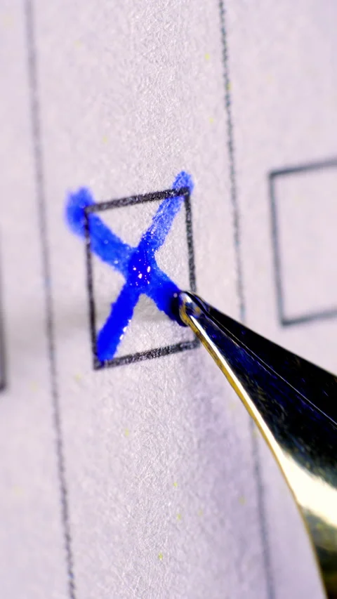 Blue ballpoint pen marks a cross in a paper checkbox in closeup Stock Footage 345024765