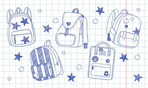 Blue ballpoint pen school backpack sketch set Stock Illustration