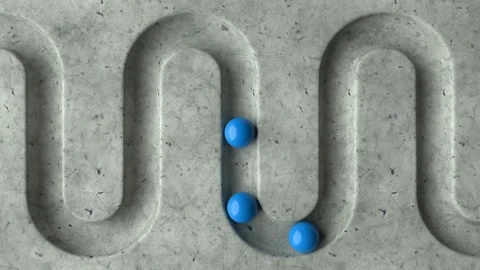Blue balls rolling in geometry deepening on a marble background Stock Footage 263557684