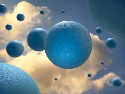 Blue balls with a rough surface against a blue sky with clouds. 3D. 스톡 일러스트