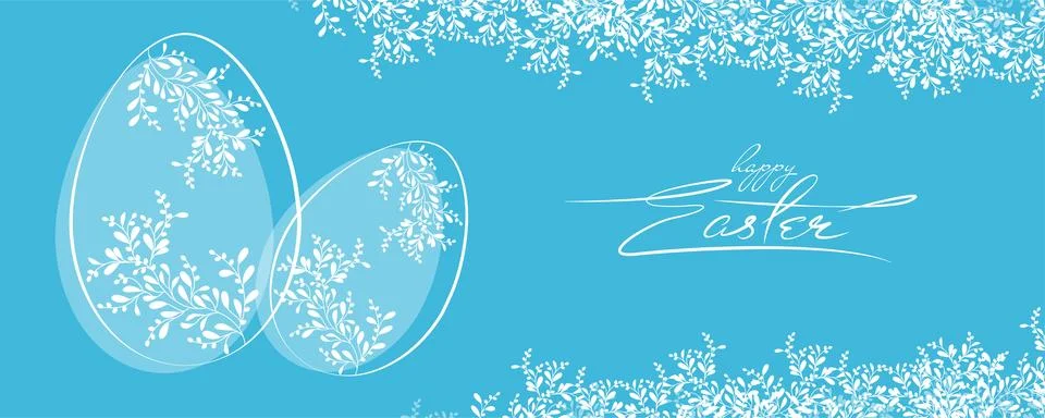 Blue banner with stylized Easter eggs and plant elements. Calligraphy. イラスト素材