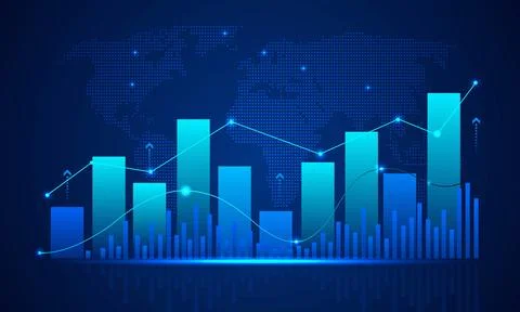 Blue Bar Chart and Line Graph, Business Analytics Illustrazione stock