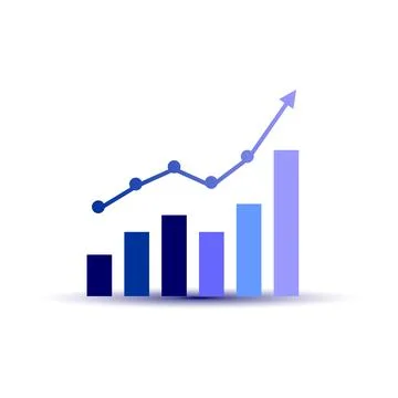 Blue bar chart and line graph with upward arrow, depicting financial growth.. Stock Illustration