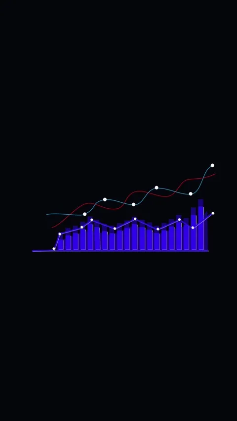 Blue Bar Chart and Wavy Lines with White Dots on a Dark Background graph da.. Stock Footage 321726636