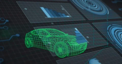 Blue bar chart appearing, bars sliding onto green wireframe 3D car model, Stock Footage 321783196