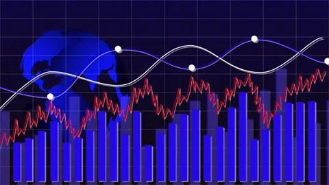 Blue Bar Chart with Globe and Red Line Graph on Dark Gradient Background ea.. Stock Footage 321589384