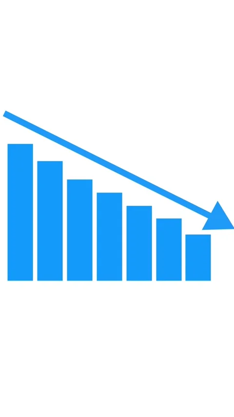 Blue bar chart graph with downward arrow indicating decline on white. Bar g.. Stock Footage 344844113