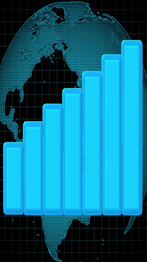 Blue bar chart graph over a digital globe with grid lines. Global network t.. Stock Footage 345963412