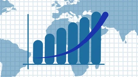 Blue bar chart illustrating global growth across a world map. Financial dat.. Stock Footage 330475994