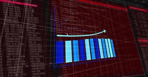 Blue bar chart rising in software dashboard, with upward-arrow and code panels 스톡 사진