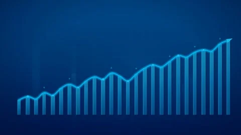 A blue bar chart with a superimposed trend line indicating upward growth, s.. Stock Footage 345538274