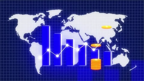 Blue Bar Chart with Upward Arrow and World Map with Scattered Gold Coins fi.. Vidéo 321450573