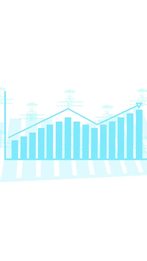 Blue bar chart with upward trend arrow and code snippets. Blue bar chart gr.. Vídeo Stock 344842009