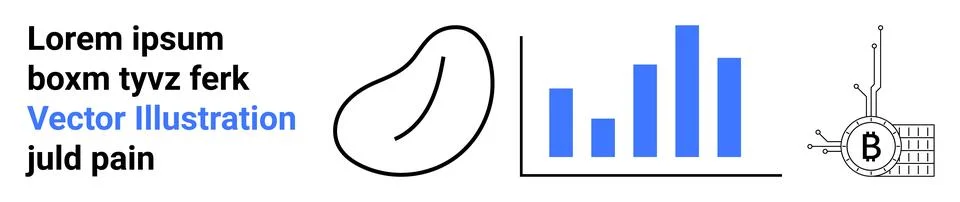 Blue Bar Graph, Abstract Shape, and Bitcoin Symbol with Text Elements Stock Illustration