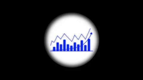 Blue bar graph and dotted line chart with upward arrow in white circle show.. Stock Illustration