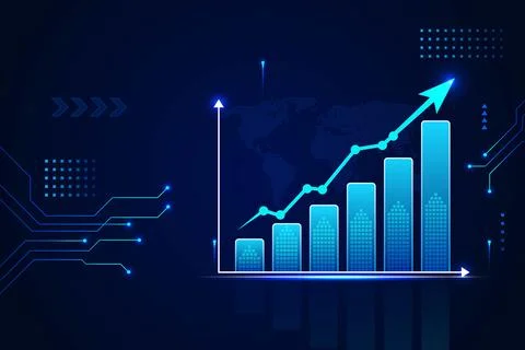 Blue bar graph and rising arrow, digital technology and financial performan.. Illustrazione stock