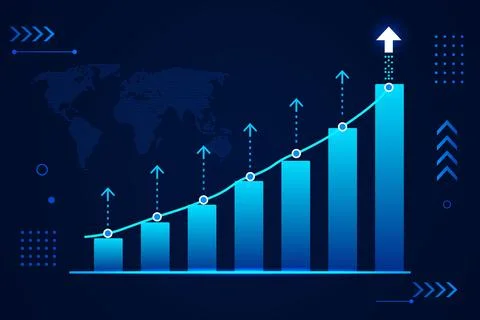 Blue bar graph and rising arrow Illustrazione stock