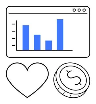 Blue Bar Graph in Browser Window with Heart and Coin Elements Representing .. Stock Illustration