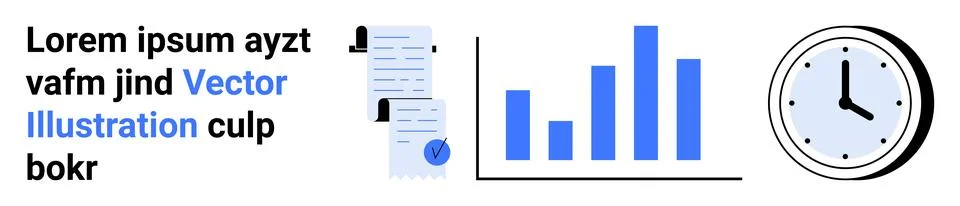 Blue Bar Graph, Clock, and Documents with Text - Modern Design Elements Stock Illustration