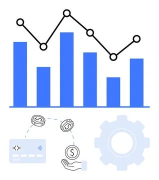 Blue Bar Graph with Data Points, Financial Transaction Icons, and Gear for .. Stock Illustration