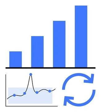 Blue Bar Graph, Line Chart, and Circular Arrows for Data Analysis and Growt.. Stock Illustration