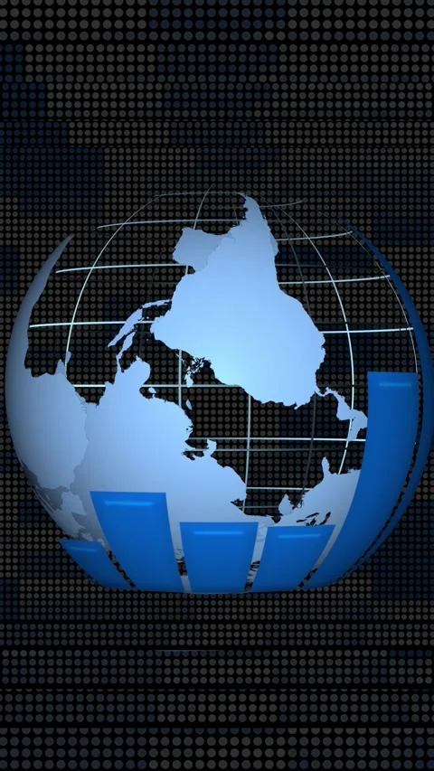 Blue bar graph overlayed on a globe with a dotted background. International.. Stock Footage 345963448