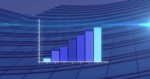 Blue bar graph with rising values against a curved, grid-lined backdrop 스톡 사진
