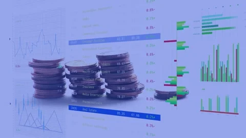 Blue bar shifting, coin stacks growing and spreading, table showing sector Stock Footage 335235638