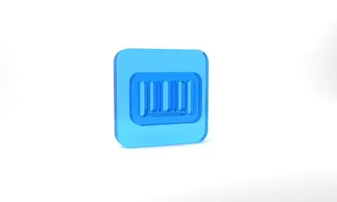 Blue Barcode icon isolated on grey background. Glass square button. 3d Illustration