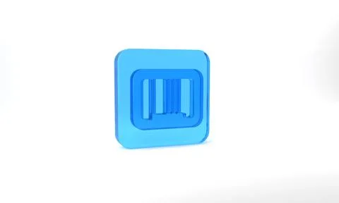 Blue Barcode icon isolated on grey background. Glass square button. 3d Stock Illustration