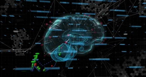 Blue bars starting, cyan 3D brain rotating, markers pulsing, charts rising Stock Footage 328684667