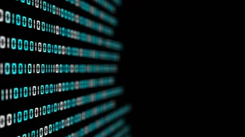 Blue bars transmit the white digits of the binary code code to the center of the Stock Footage 85633061