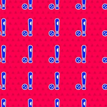 Blue Baseball bat with ball icon isolated seamless pattern on red background 스톡 일러스트