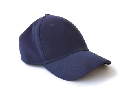 Blue baseball cap made of 100 percent polyester isolated on a white backgroun Stock Photos