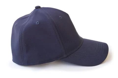 Blue baseball cap made of 100 percent polyester isolated on a white backgroun Stock Photos
