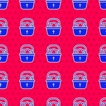 Blue Basket with easter eggs icon isolated seamless pattern on red background Stock Illustration