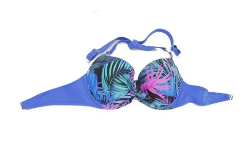 Blue bathing bra with molded cups, isolated on a white background. Women's sw Foto stock