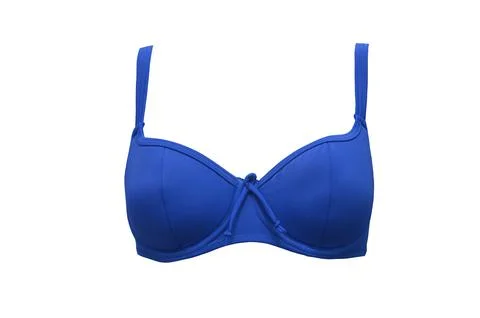 Blue bathing bra with molded cups, isolated on a white background. Women's sw Stock Photos