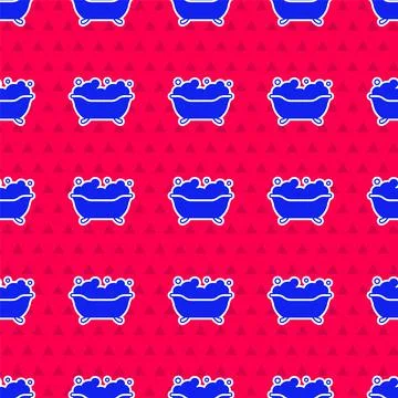 Blue Bathtub with foam bubbles inside icon isolated seamless pattern on red 스톡 일러스트