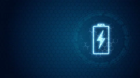 Blue battery logo with circle rotation on hexagon shape background Stock Footage 234330433
