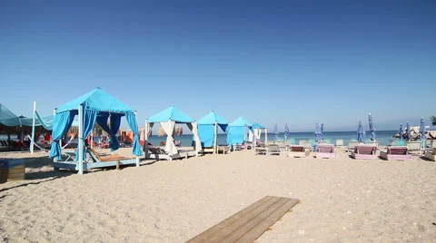 Blue Beach Gazebos Stock Footage 53516478