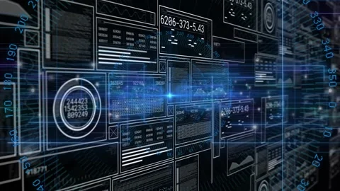 Blue beam activating data panels sliding and cycling as future interface Stockbeeldmateriaal 317185723