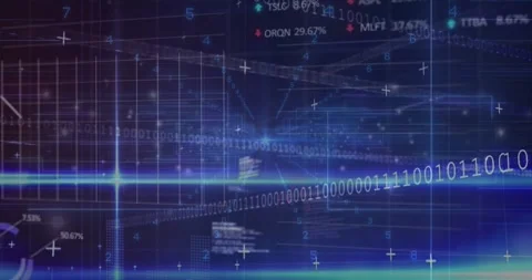 Blue beam appearing, data corridor pulsing, binary ribbon sliding, panels 스톡 동영상 333962755