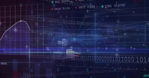 Blue beam appearing, data corridor pulsing, binary ribbon sliding, panels 스톡 일러스트